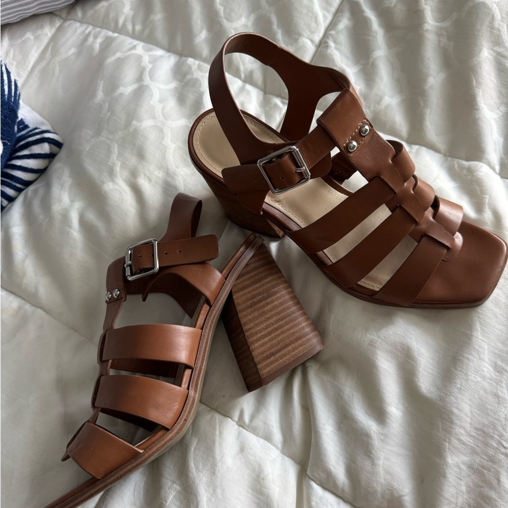Marc Fisher Brown Leather Chunky Heeled Sandals - Picture 3 of 5